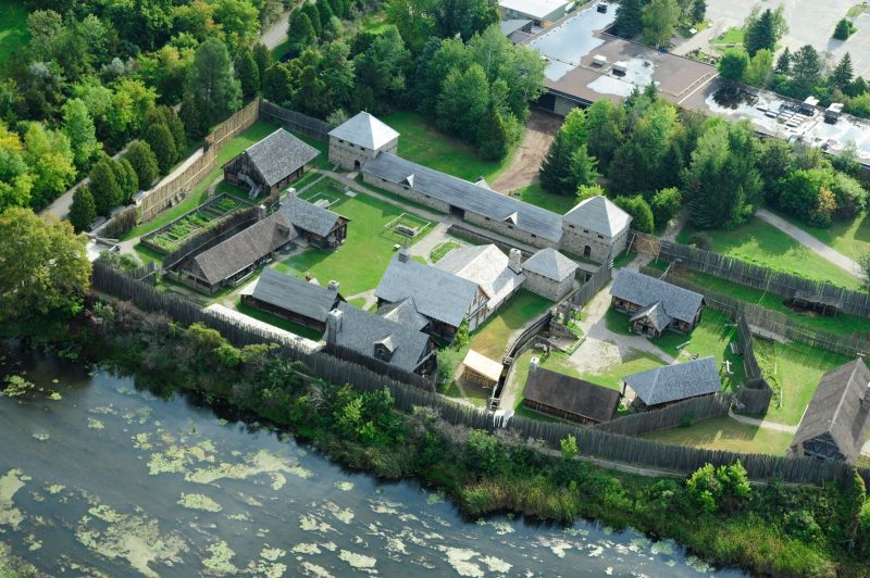 Aerial view of Sainte-Marie among the Hurons, including the Wye River, historical reconstruction, and visitors'ce centre