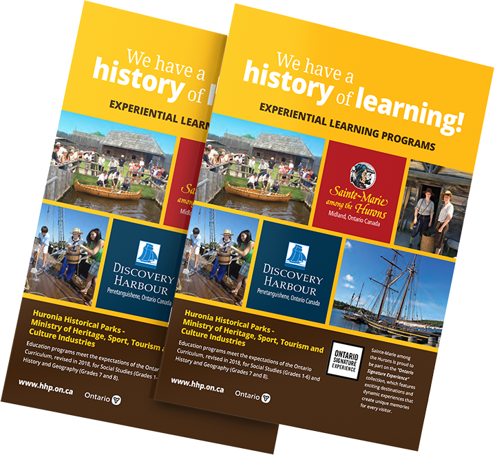 An image of two copies of our educational programs brochure. The brochure includes images of both historic sites, as well as logos. The title of the document is "We have a history of learning! Experiential learning programs"