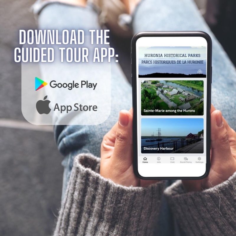 Someone holding a phone with our app open. Text on the image reads: Download the Guided Tour App. Google Play. App Store.