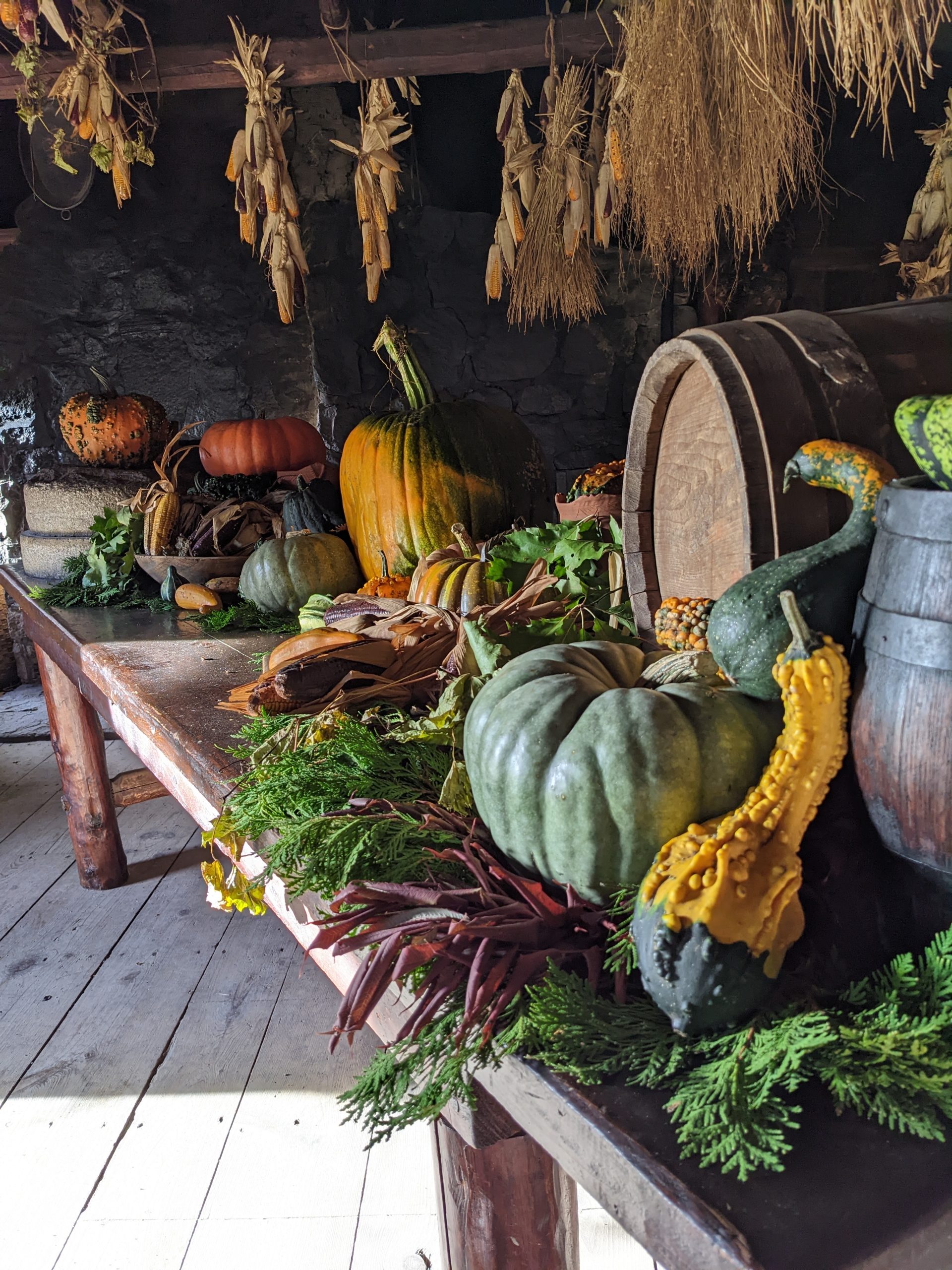 An image of fall gourds decorating the cookhouse at Sainte-Marie