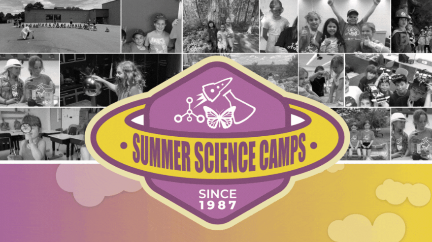 A mosaic of photos of kids having fun at camp with the Summer Science Camp logo on top