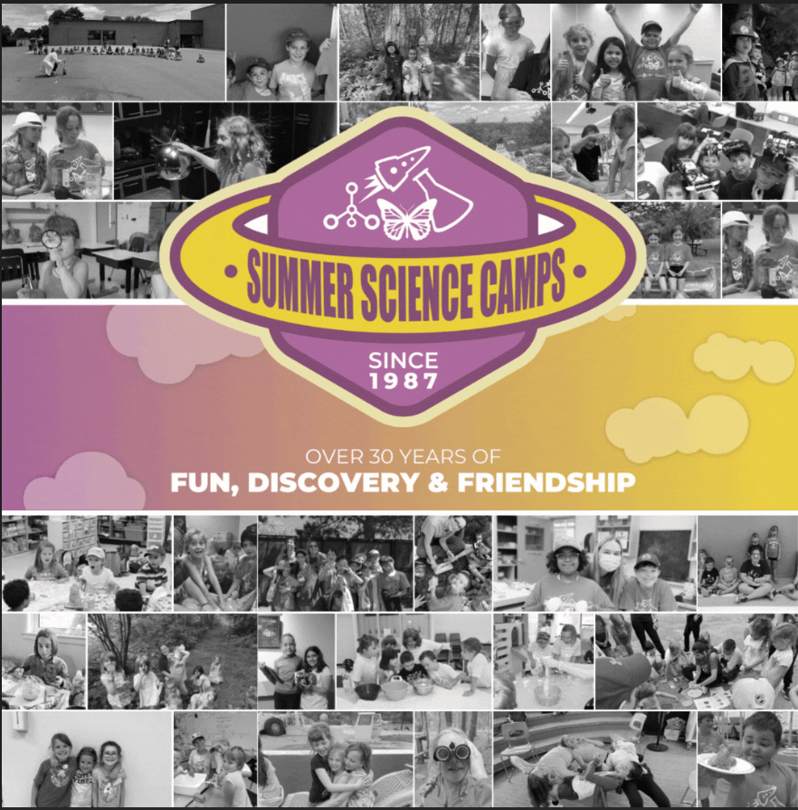 A mosaic of black and white photos of kids having fun, with the Science North SUmmer Camp logo on top