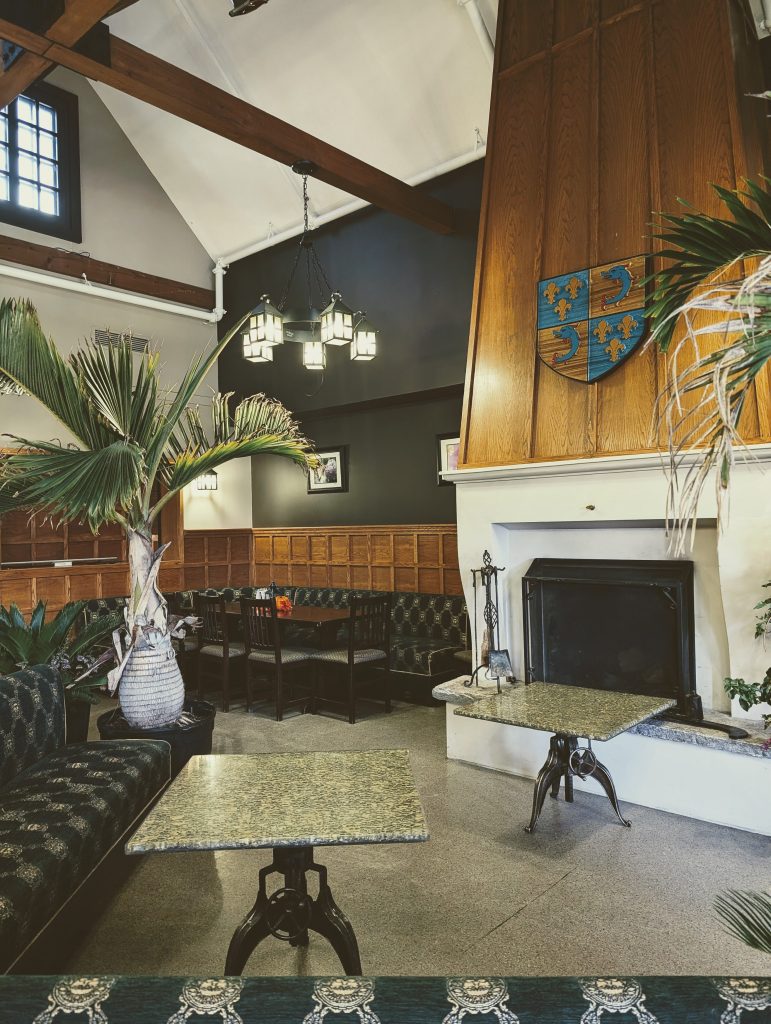 Interior fireplace with a crest on the top
