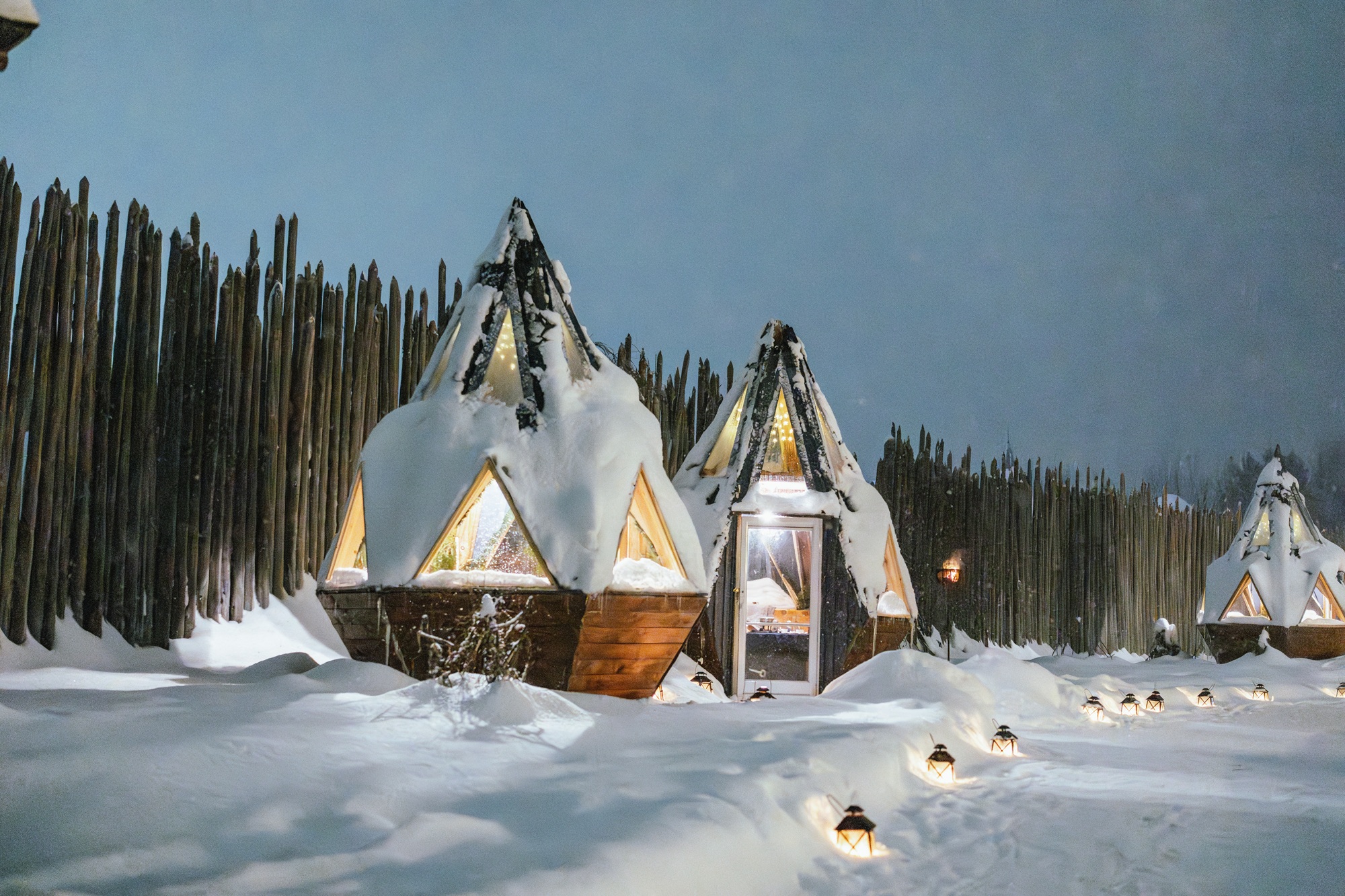 Dining under the stars dining domes on a snowy night of First Light