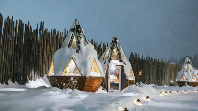 Dining under the stars dining domes on a snowy night of First Light