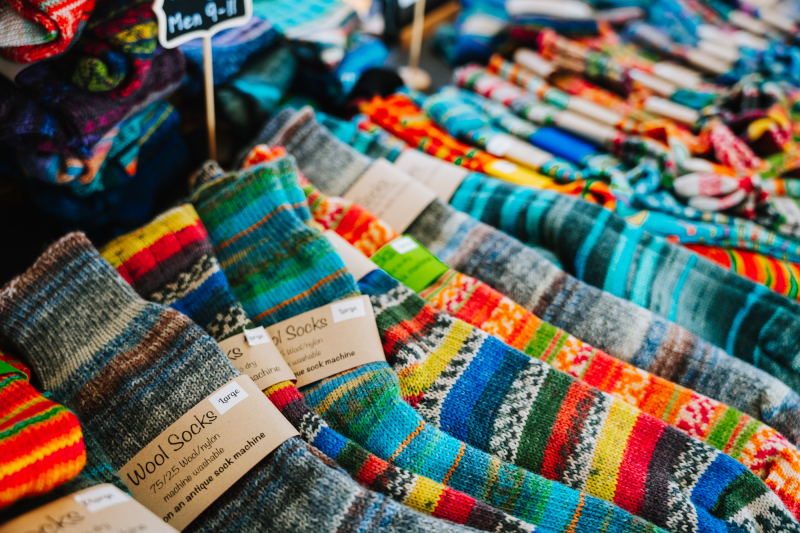 colourful homespun socks on display at the artisan market
